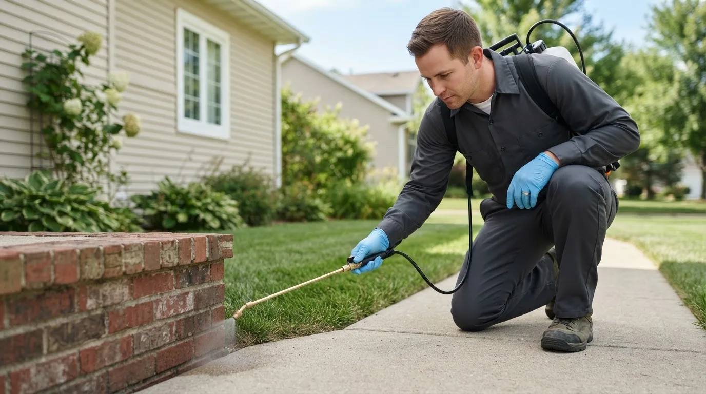 Pest control technician treating a home near Pendleton, OR