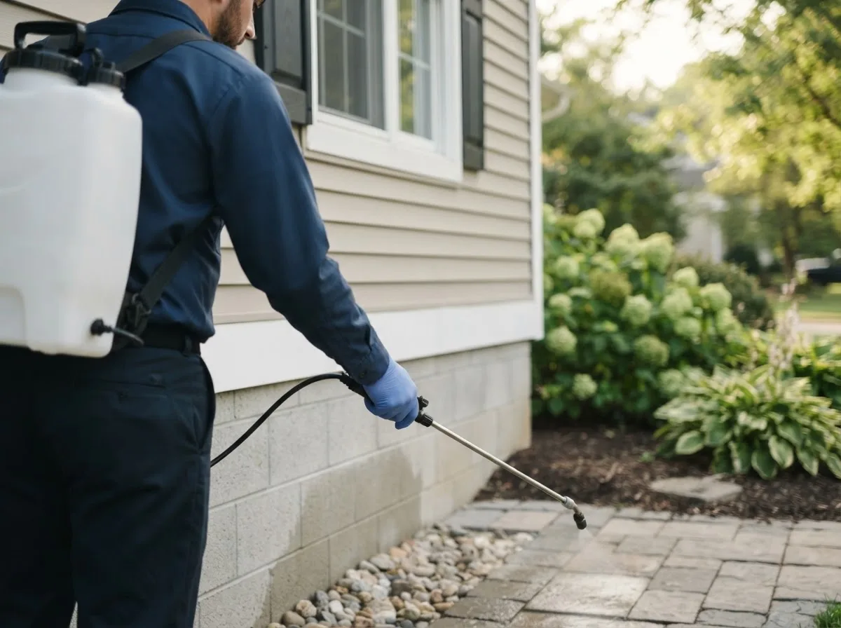 Pest control technician inspecting a home in Pendleton, OR
